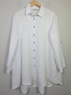 John Mark Womens M Oversized Button Front Tunic Blouse Rayon White Long Sleeve
